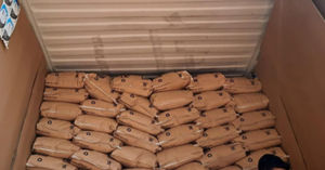 Stacks of sealed brown bags, possibly containing desiccant bags, fill most of a large shipping container; a person is partially visible in the lower right corner.
