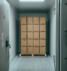 A stack of large cardboard boxes, part of the cold chain logistics process, is arranged on a wooden pallet at the end of a narrow, dimly lit hallway with plain white walls and an open door in the foreground.