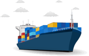 Illustration of a large cargo ship carrying colorful shipping containers on its deck, sailing under a partly cloudy sky, with special precautions to prevent moisture damage during transit.