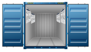 A blue shipping container with its doors open, revealing an empty interior. Several small electronic devices or sensors are attached to both side walls near the entrance, often used for tracking when learning how to ship containers overseas.