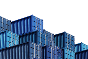 Stacks of blue shipping containers are arranged in rows against a black background. The containers vary slightly in shade, creating a geometric, industrial pattern.