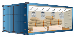 A blue shipping container with its side open, showing large sacks stacked on pallets and several white desiccant bags hanging from the ceiling, likely to protect the cargo from moisture.