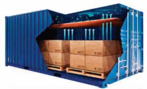 A blue shipping container with a cutaway view shows pallets of boxes inside. Illustrated arrows and lines depict air circulation or temperature control, highlighting the importance of using the best desiccant for shipping container protection.