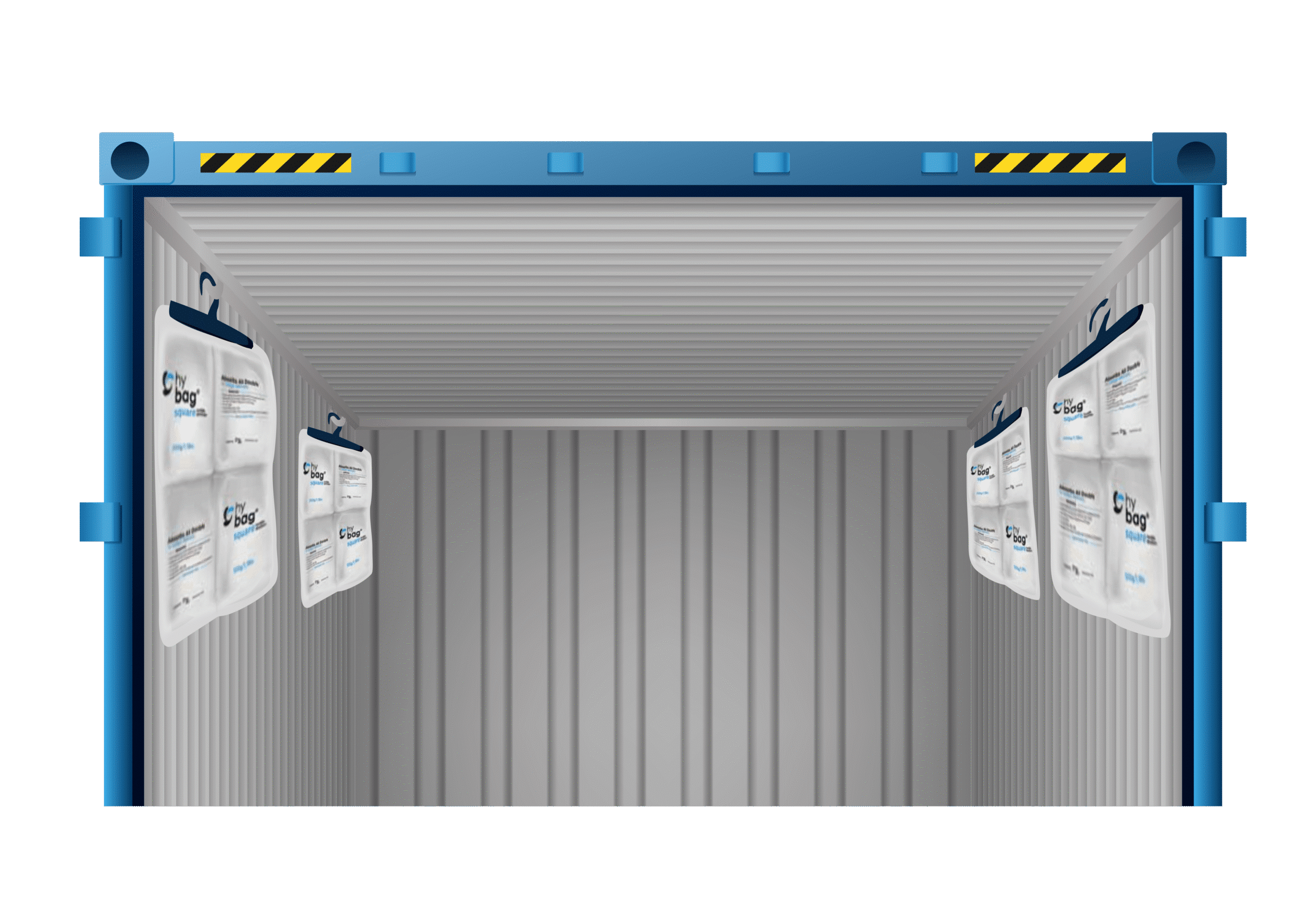 A shipping container interior with several bolsas desecantes hanging from hooks on both side walls near the doors, designed to proteger tus exportaciones y prevenir el daño por humedad durante el transporte.