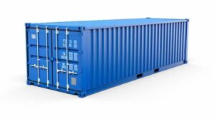 A large blue shipping container with closed double doors stands on a plain white background, viewed from an angle showing the front and side—ideal for secure storage and damage prevention in shipping containers.